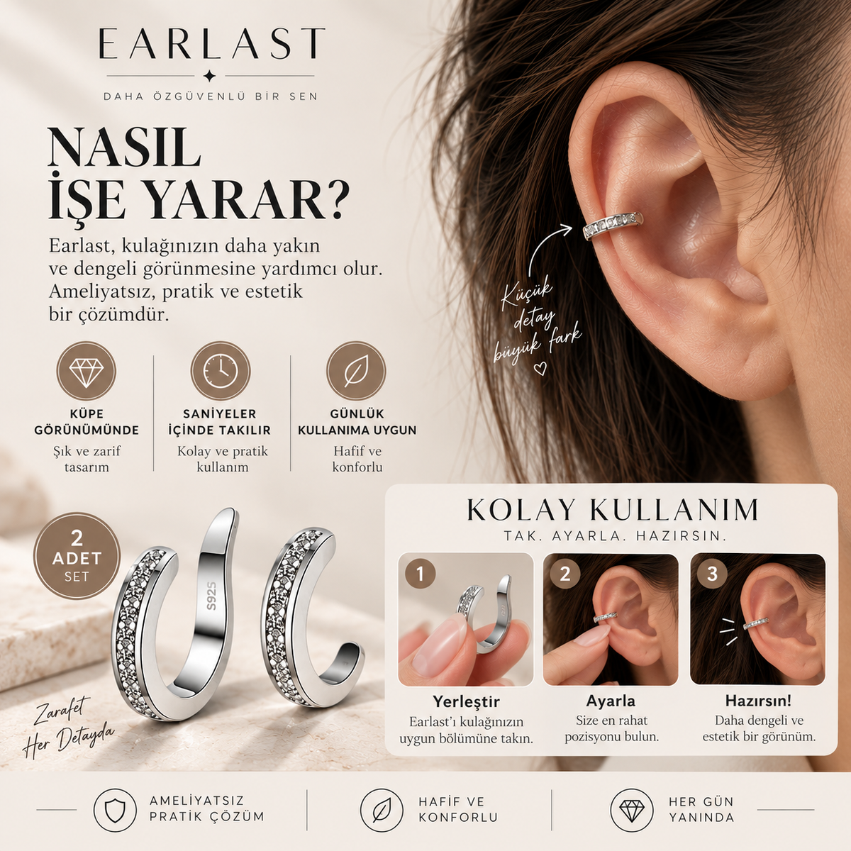 Earlast Kulak Düzeltici Gümüş Klips 2 Adet