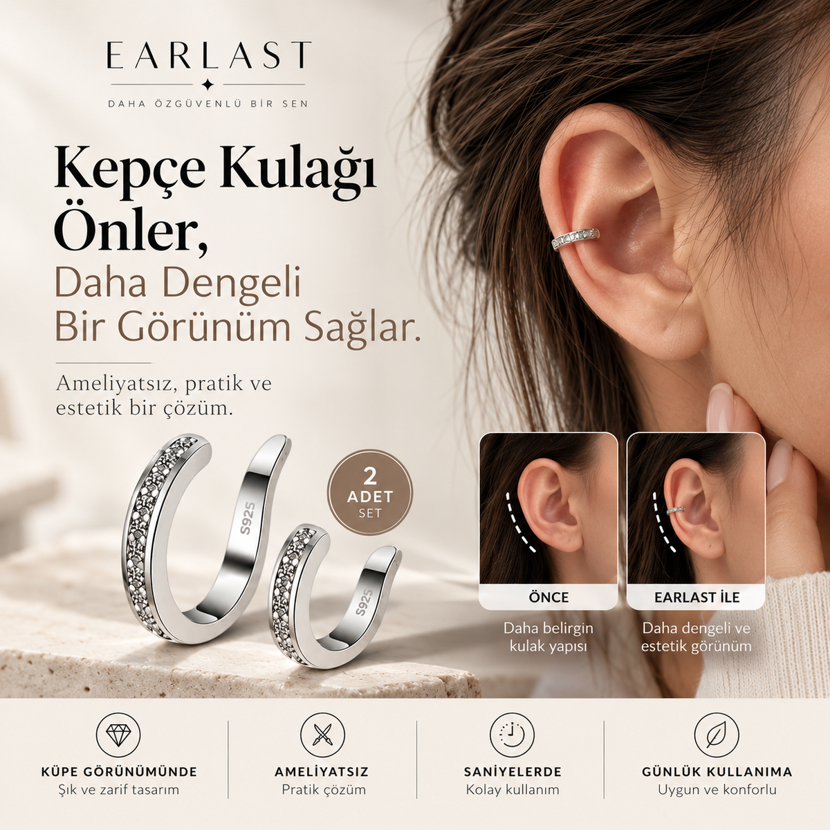 Earlast Kulak Düzeltici Gümüş Klips 2 Adet